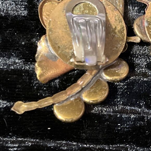 VTG Made In Italy Mixed Metal Brass Copper Rhinestone Butterfly Clip On Earrings - Picture 10 of 14